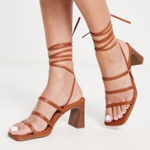 ASOS Design Strappy Tie Leg Mid Heeled Sandals - Brown